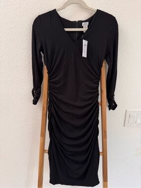 NWT Cache Vintage Black Ruched V-Neck Midi Dress W/ Gold Studs on Sleeve Y2K XS